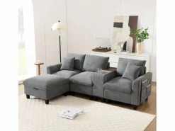 Merax Sofá moderno de 4 plazas con reposapiés con almacenaje, 2 portavasos y puerto USB. Medidas: 229 x 149,5 x 83 cm. Tapizado en terciopelo . Gris