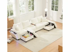 Sale ModernLuxe Sofá moderno en forma de U - con USB, Type-C y lámpara de lectura - con luces LED en la puerta - con portavasos y 2 reposapiés - pana acanalada - Beige