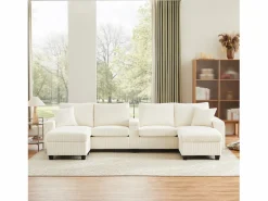 Sale ModernLuxe Sofá moderno en forma de U - con USB, Type-C y lámpara de lectura - con luces LED en la puerta - con portavasos y 2 reposapiés - pana acanalada - Beige