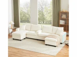 Sale ModernLuxe Sofá moderno en forma de U - con USB, Type-C y lámpara de lectura - con luces LED en la puerta - con portavasos y 2 reposapiés - pana acanalada - Beige