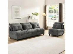 Outlet DripeX Sofá Modular 4 Plazas en Chenilla - con 8 Cojines y 4 Almacenamientos - Carga Máx. 500kg - 274x76x87cm - Gris