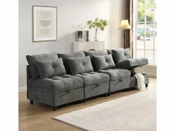 Outlet DripeX Sofá Modular 4 Plazas en Chenilla - con 8 Cojines y 4 Almacenamientos - Carga Máx. 500kg - 274x76x87cm - Gris