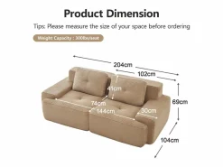 Outlet DripeX Sofá Modular 2 plazas en Pana con 2 cojines, sin montaje, 204x104x69cm, Beige