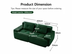 Sale DripeX Sofá Modular 2 plazas en Pana con 2 cojines, sin montaje, 204x104x69cm, Verde