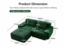 New DripeX Sofá Modular 2 plazas en Pana, con otomana y 2 cojines, 204x177x69cm, Verde