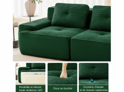 New DripeX Sofá Modular 2 plazas en Pana, con otomana y 2 cojines, 204x177x69cm, Verde