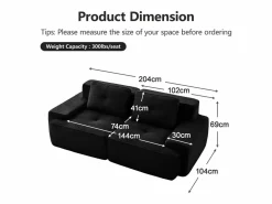 Best DripeX Sofá Modular 2 plazas en Pana con 2 cojines, sin montaje, 204x104x69cm, Negro