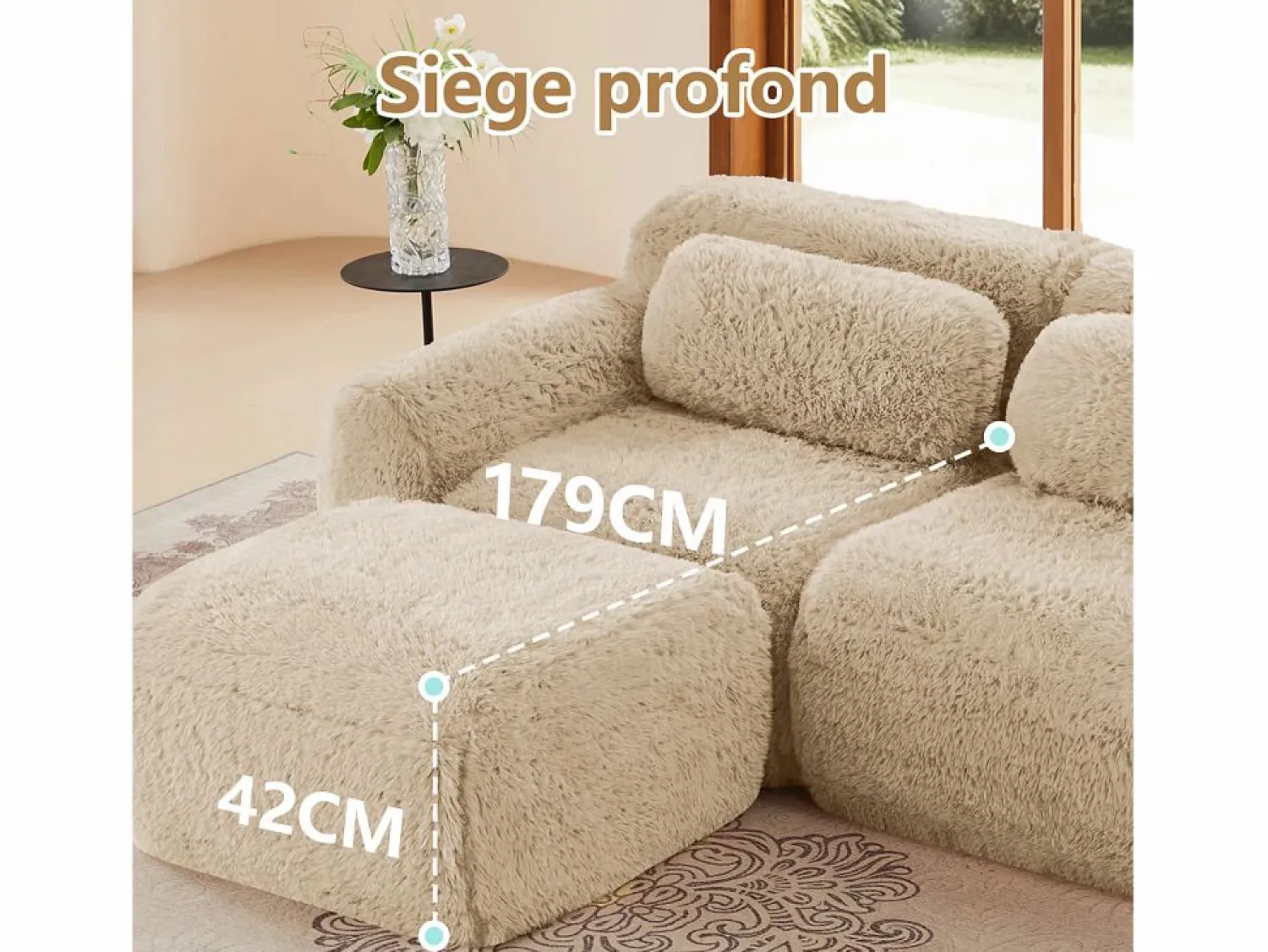 DripeX Sofá Modular 3 plazas en tela peluche, con 3 cojines, sin estructura, 291x104x73cm,
