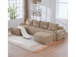 Merax Sofá modular de 4 plazas - 333 x 174 x 80 cm - con 2 pufs + portavasos + bolsillo de almacenamiento - terciopelo -