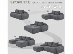 Merax Sofá modular de 3 plazas - 268 x 174 x 80 cm - con 2 pufs + portavasos + bolsillo de almacenamiento - terciopelo - oscuro Gris