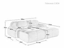 DripeX Sofá modular de pana - 2 plazas - con 2 cojines y 2 pouf - base antideslizante - 208x178x70cm -
