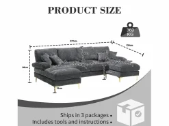 Sofá modular en U (272x136x88 cm) - 6 plazas en chenilla - Convertible en cama - Configuración relax
