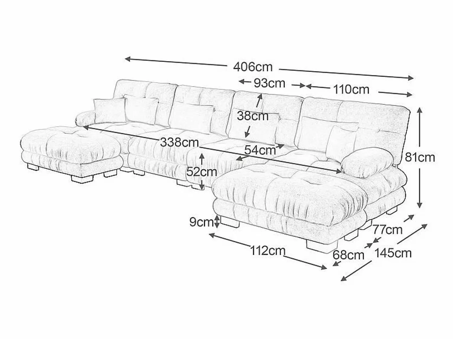 Outlet Sofá modular esquina 4 plazas - con 2 pouf y 6 cojines - DIY forma U/L - 406x145x81cm - Sofá Modular|Sofás Club
