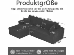 Hot DripeX Sofá modular ángulo izquierdo terciopelo acanalado, 2 cojines y chaise longue 128cm, Negro