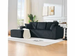 Hot DripeX Sofá modular ángulo izquierdo terciopelo acanalado, 2 cojines y chaise longue 128cm, Negro
