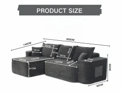Hot DripeX Sofá modular ángulo izquierdo - Chenilla - 3 cojines y 2 orejeros - 262x144x65cm Negro