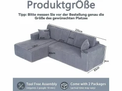 Online DripeX Sofá modular ángulo izquierdo terciopelo acanalado, 2 cojines y chaise longue 128cm, Gris