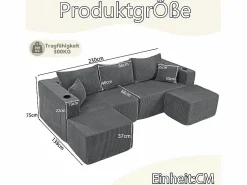 Sofá modular ángulo terciopelo acanalado, 2 pufs, portavasos y cojines, , 230x138x75cm Sofás Club