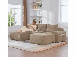 Discount Sofá modular ángulo terciopelo acanalado, portavasos, 2 pufs y 3 cojines, 268x174x80cm, Sofás Club