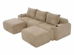 Discount Sofá modular ángulo terciopelo acanalado, portavasos, 2 pufs y 3 cojines, 268x174x80cm, Sofás Club