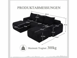 Outlet DripeX Sofá modular ángulo terciopelo acanalado, portavasos, 2 pufs y 3 cojines, 268x174x80cm, Negro