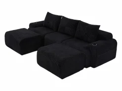 Outlet DripeX Sofá modular ángulo terciopelo acanalado, portavasos, 2 pufs y 3 cojines, 268x174x80cm, Negro