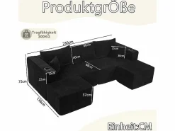 Online DripeX Sofá modular ángulo terciopelo acanalado, 2 pufs, portavasos y cojines, , 230x138x75cm Negro