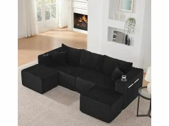 Online DripeX Sofá modular ángulo terciopelo acanalado, 2 pufs, portavasos y cojines, , 230x138x75cm Negro
