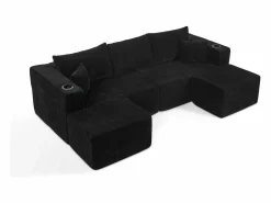 Online DripeX Sofá modular ángulo terciopelo acanalado, 2 pufs, portavasos y cojines, , 230x138x75cm Negro
