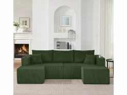 Best DripeX Sofá modular ángulo terciopelo acanalado, 2 pufs, portavasos y cojines, , 230x138x75cm Verde