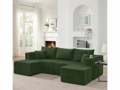 Best DripeX Sofá modular ángulo terciopelo acanalado, 2 pufs, portavasos y cojines, , 230x138x75cm Verde