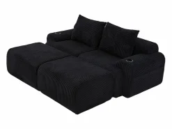 Best DripeX Sofá ángulo modular terciopelo acanalado, portavasos, 2 pufs y 2 cojines, 200x174x80cm, Negro