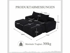 Best DripeX Sofá ángulo modular terciopelo acanalado, portavasos, 2 pufs y 2 cojines, 200x174x80cm, Negro