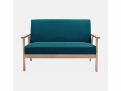 Sweeek Sofá o banco con tela y patas de madera, 2 plazas azul esmeralda