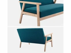 Sweeek Sofá o banco con tela y patas de madera, 2 plazas azul esmeralda