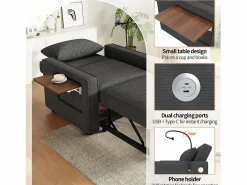 ModernLuxe Sofá plegable multifunción - con puertos de carga USB - con soporte para teléfono - Tejido de pana - Gris