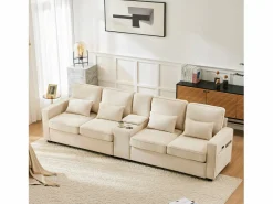 Sofá recto de 4 plazas con consola - 2 portavasos y USB - bolsillos laterales y 4 almohadas - tejido de lino