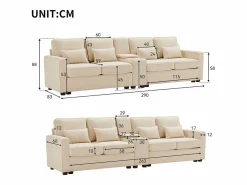 Sofá recto de 4 plazas con consola - 2 portavasos y USB - bolsillos laterales y 4 almohadas - tejido de lino