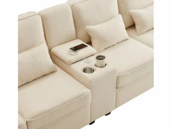 Sofá recto de 4 plazas con consola - 2 portavasos y USB - bolsillos laterales y 4 almohadas - tejido de lino