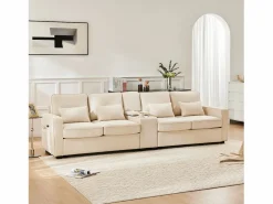 Sofá recto de 4 plazas con consola - 2 portavasos y USB - bolsillos laterales y 4 almohadas - tejido de lino