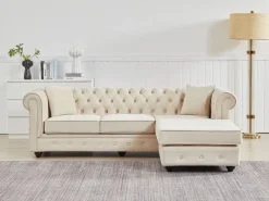 Hot Vente-unique Sofá rinconera chesterfield reversible de terciopelo TOLEDO Beige