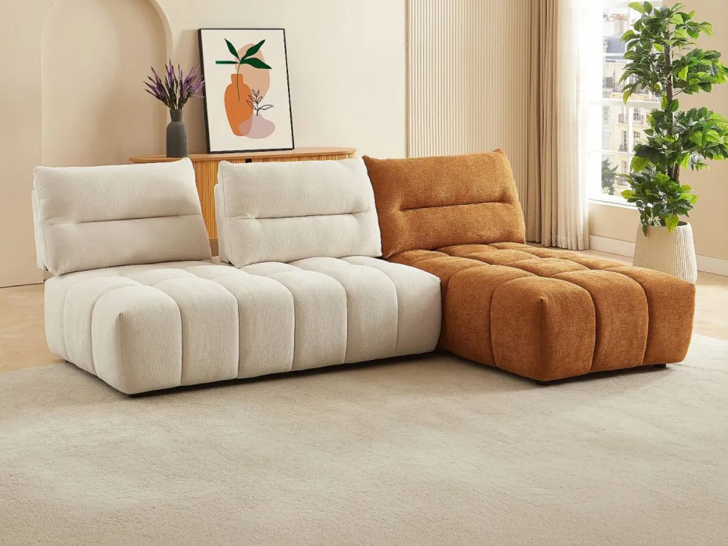 Outlet Sofá rinconera modular con respaldo avanzado-retrocedido en tela beige y terracota APOLIU Sofá Modular