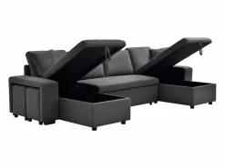 Outlet Vente-unique Sofá rinconera panorámico convertible con almacenamiento y pufs en tejido antracita SELIM Gris antracita