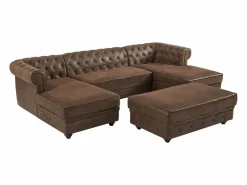 Vente-unique Sofá rinconera panorámico y puf de microfibra aspecto cuero envejecido CHESTERFIELD