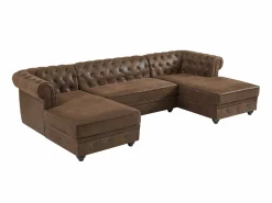 Vente-unique Sofá rinconera panorámico y puf de microfibra aspecto cuero envejecido CHESTERFIELD