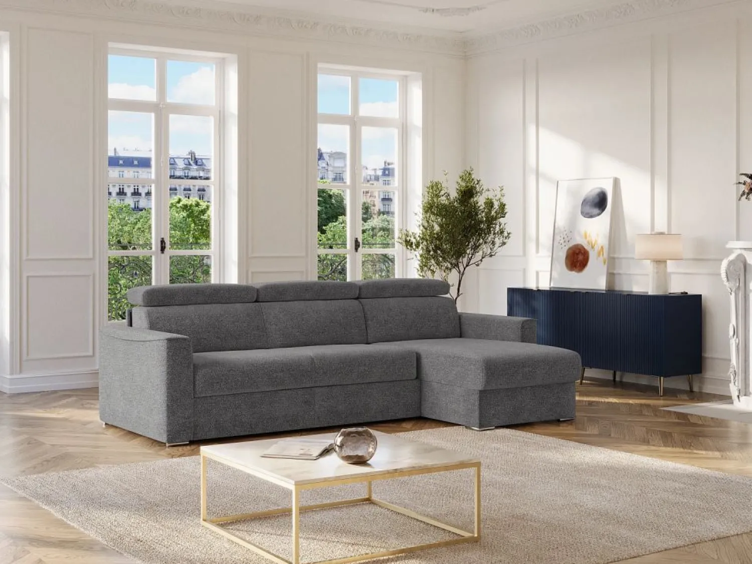 New Sofá rinconera reversible convertible tipo italiano en tela gris - Cama 160 cm VIZIR Sofás Y Sillones