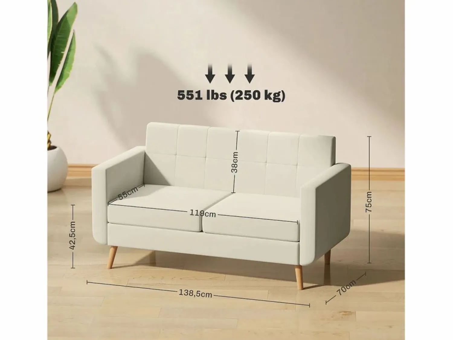 Hot Homcom Sofá Sere 2 plazas con reposabrazos crema 75x138,5x70 cm Beige