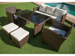 Online Saldosystocks Sofa + Mesa + 2 Sillones+ 2 pufs de Ratan PE. Muebles de Jardin y Terraza, Marron Marru00f3n