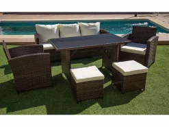 Online Saldosystocks Sofa + Mesa + 2 Sillones+ 2 pufs de Ratan PE. Muebles de Jardin y Terraza, Marron Marru00f3n