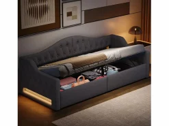 ModernLuxe Sofá-cama acolchado 90×200 cm - con tira LED luminosa - compartimento de almacenamiento - con somier de láminas -